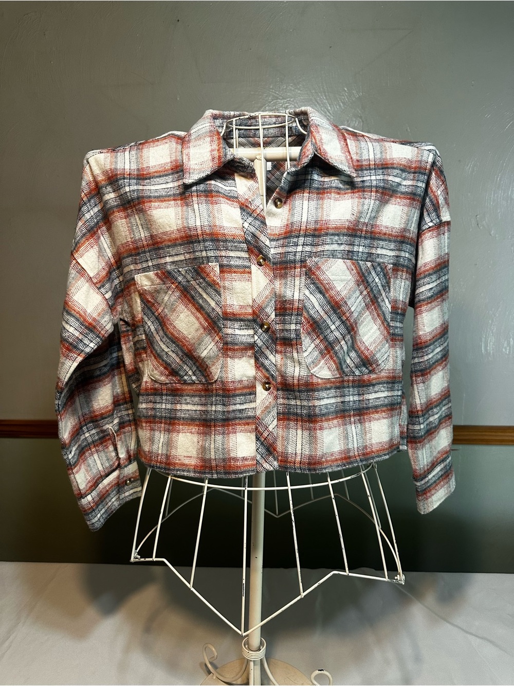 Cropped Plaid Button-Down Shirt Jacket - Red, Gray & White
